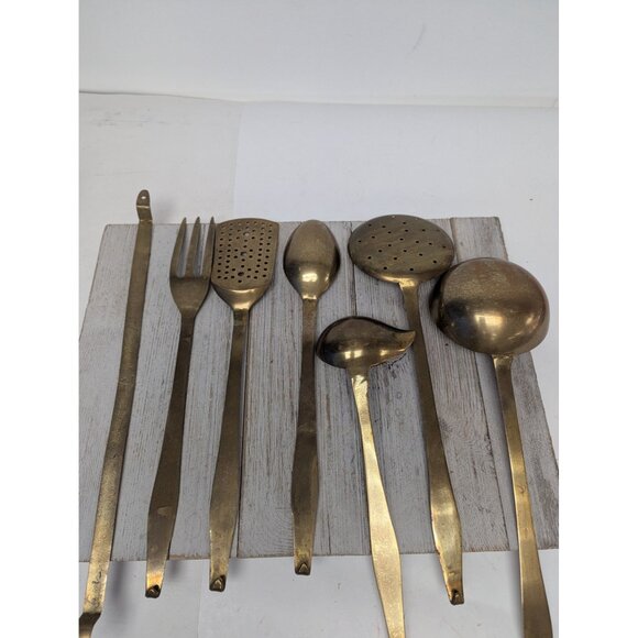 Brass Vintage Set 6 Utensils With Hanger Strainer Ladle Spatula French Country - Picture 5 of 7